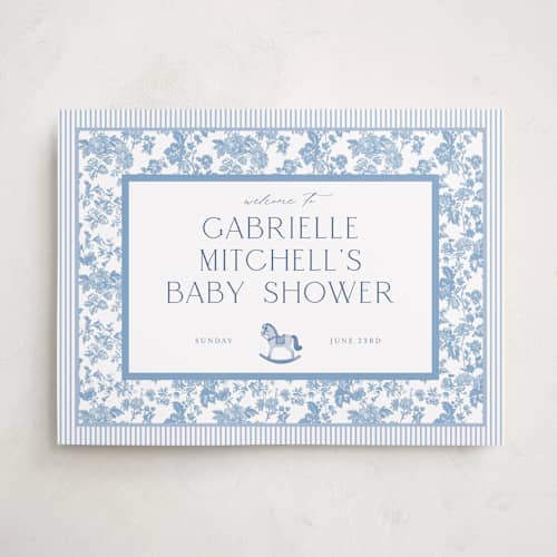 This is a powder baby shower decorations with standard by Jenna Holcomb called rocking horse baby printing on premium sign board in 18x24