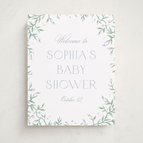 This is a periwinkle baby shower decorations with standard by Kristen Smith called wisteria printing on premium sign board in 11x14