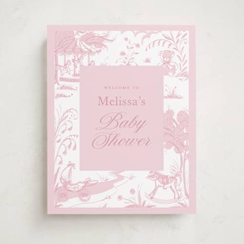 This is a blush baby shower decorations with standard by Teju Reval called baby toile printing on premium sign board in 11x14
