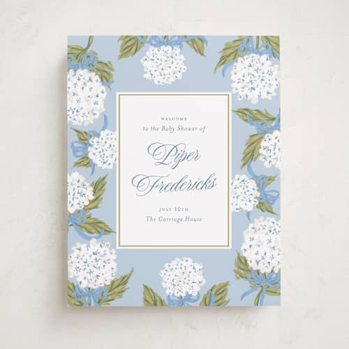 This is a bluebell baby shower decorations with standard by Jackie Crawford called hydrangea bow bouquets printing on premium sign board in 11x14