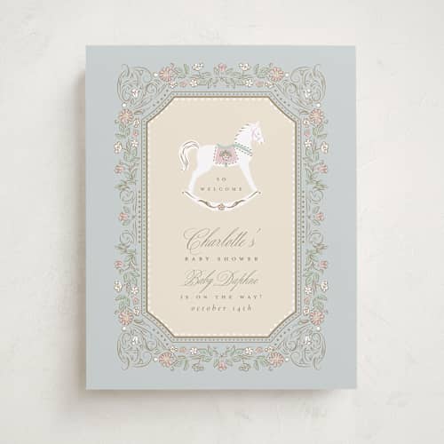 This is a pastel toile baby shower decorations with standard by Ana de Sousa called le cheval d’enfance printing on premium sign board in 11x14