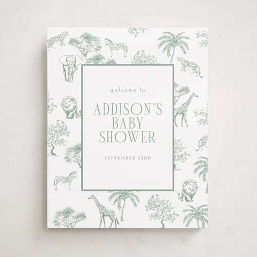 This is a palm baby shower decorations with standard by Jenna Holcomb called safari toile printing on premium sign board in 16x20
