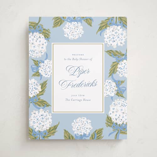 This is a bluebell baby shower decorations with standard by Jackie Crawford called hydrangea bow bouquets printing on premium sign board in 16x20