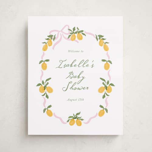 This is a pink lemonade baby shower decorations with standard by Angela Garrick called lemon and ribbon printing on premium sign board in 16x20