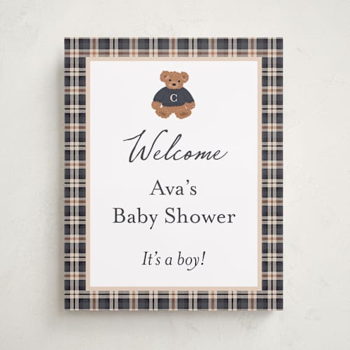 This is a navy baby shower decorations with standard by Erin German called teddy bear monogram printing on premium sign board in 16x20