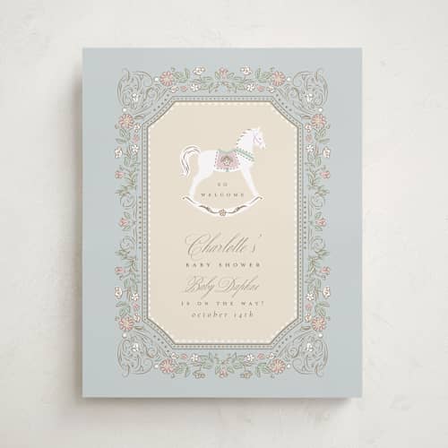 This is a pastel toile baby shower decorations with standard by Ana de Sousa called le cheval d’enfance printing on premium sign board in 16x20