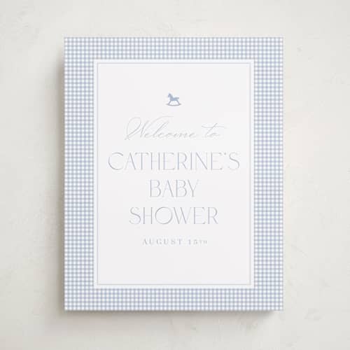 This is a baby blue baby shower decorations with standard by Olivia Raufman called gingham rockinghorse printing on premium sign board in 16x20