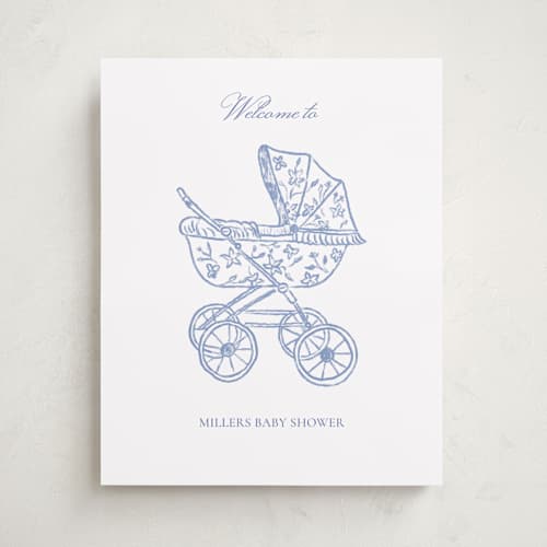 This is a navy baby shower decorations with standard by Huefete called baby pram printing on premium sign board in 16x20
