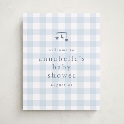 This is a baby blue baby shower decorations with standard by Stacey Meacham called gingham mobile printing on premium sign board in 16x20