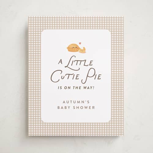This is a tan baby shower decorations with standard by Itsy Belle Studio called cutie pie printing on premium sign board in 16x20
