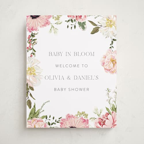 This is a peony baby shower decorations with standard by Susan Moyal called timeless blooms printing on premium sign board in 16x20