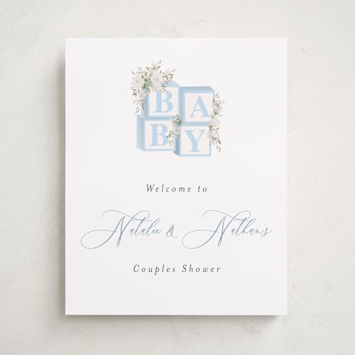 This is a baby blue baby shower decorations with standard by Itsy Belle Studio called botanical blocks printing on premium sign board in 16x20