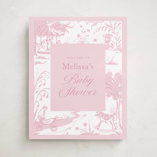 This is a blush baby shower decorations with standard by Teju Reval called baby toile printing on premium sign board in 16x20