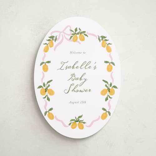 This is a pink lemonade baby shower decorations with standard by Angela Garrick called lemon and ribbon printing on premium sign board in 16x20
