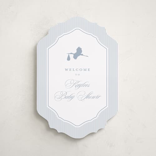 This is a dusty blue baby shower decorations with standard by Stacey Meacham called storybook stork printing on premium sign board in 16x20