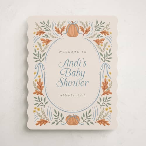 This is a cornflower baby shower decorations with standard by Laura Hankins called pumpkins + bows printing on premium sign board in 16x20