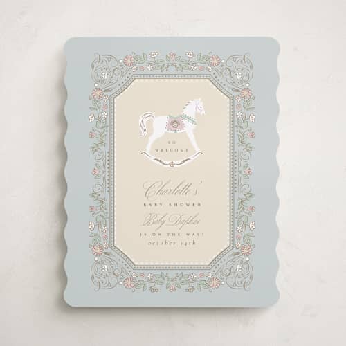 This is a pastel toile baby shower decorations with standard by Ana de Sousa called le cheval d’enfance printing on premium sign board in 16x20