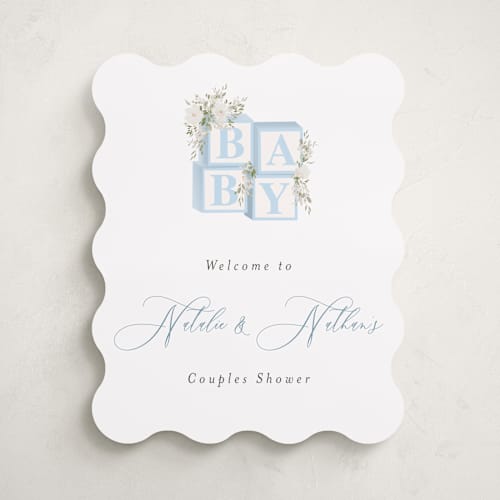 This is a baby blue baby shower decorations with standard by Itsy Belle Studio called botanical blocks printing on premium sign board in 16x20