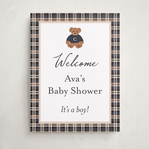 This is a navy baby shower decorations with standard by Erin German called teddy bear monogram printing on premium sign board in 18x24