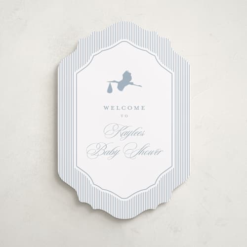 This is a dusty blue baby shower decorations with standard by Stacey Meacham called storybook stork printing on premium sign board in 18x24