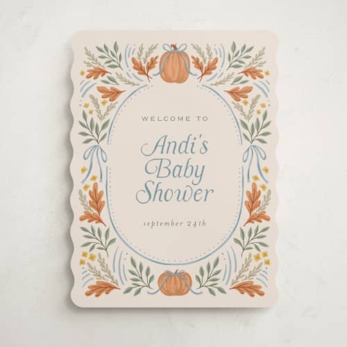 This is a cornflower baby shower decorations with standard by Laura Hankins called pumpkins + bows printing on premium sign board in 18x24
