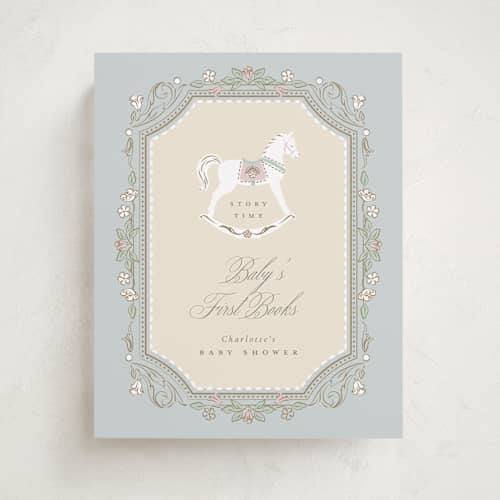 This is a pastel toile baby shower decorations with standard by Ana de Sousa called le cheval d’enfance printing on doublethick in 8x10