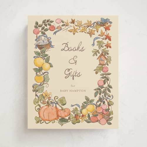 This is a ivory baby shower decorations with standard by Becky Nimoy called autumn harvest printing on doublethick in 8x10