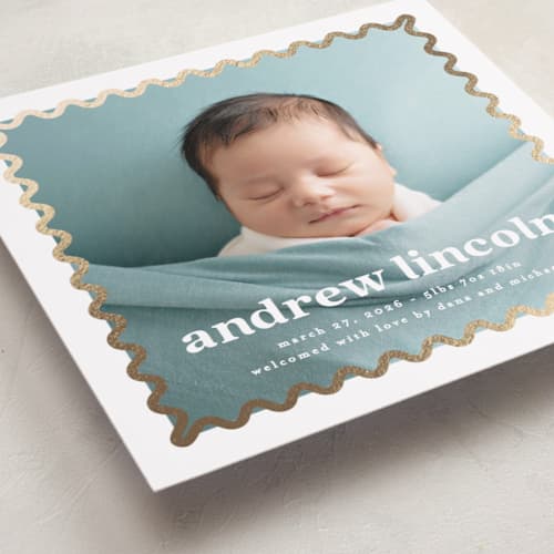 This is a pearl foil stamped birth announcements with foil pressed by Creo Study called glimmering ric-rac printing on recycled smooth signature in standard