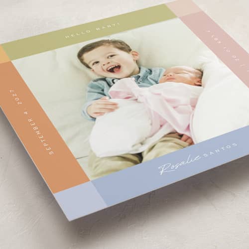 This is a natural rainbow birth announcements with standard by Sierra Lee called soft strips printing on recycled smooth signature in standard