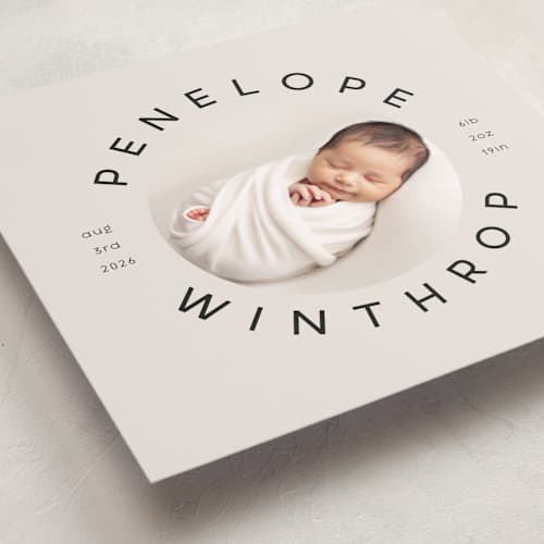 This is a sand birth announcements with standard by Lori Wemple called square birth printing on recycled smooth signature in standard