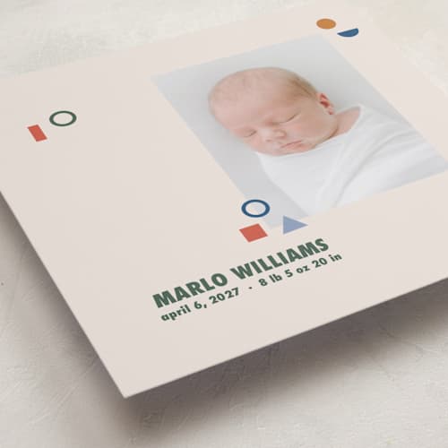 This is a forest birth announcements with standard by Tamara Hilje called geometric printing on recycled smooth signature in standard