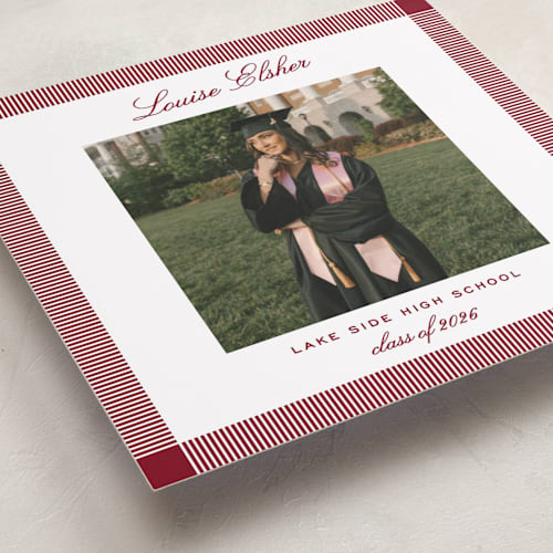 This is a crimson graduation announcements with standard by Pati Cascino called boxy printing on recycled smooth signature in standard