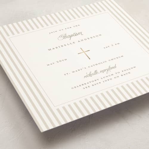This is a linen baptism and christening announcements with foil pressed by Jelena Vuletic called rite printing on signature in standard
