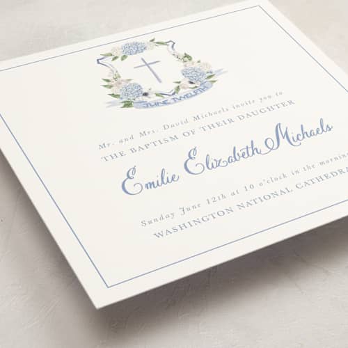 This is a periwinkle baptism and christening announcements with standard by Design Lotus called sweethearts printing on signature in standard