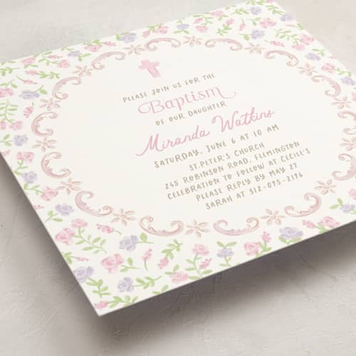 This is a rose baptism and christening announcements with standard by Creo Study called baptism fleur printing on signature in standard