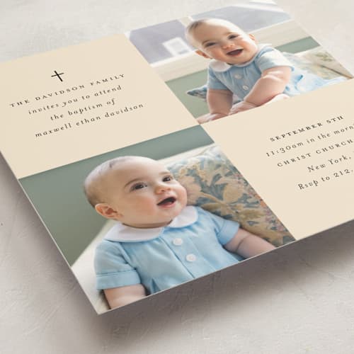 This is a butter baptism and christening announcements with standard by Stacy Maalouf called mosaic printing on signature in standard