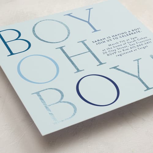 This is a azure foil stamped baby shower invitations with foil pressed by Annie Shapiro called boy oh boy! printing on signature in standard