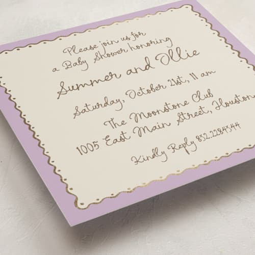 This is a lavender foil stamped baby shower invitations with foil pressed by Pati Cascino called sugar printing on signature in standard