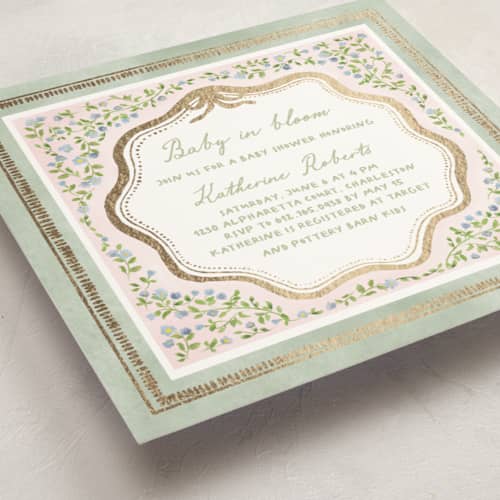 This is a garden glory foil stamped baby shower invitations with foil pressed by Creo Study called baby in bloom printing on signature in standard
