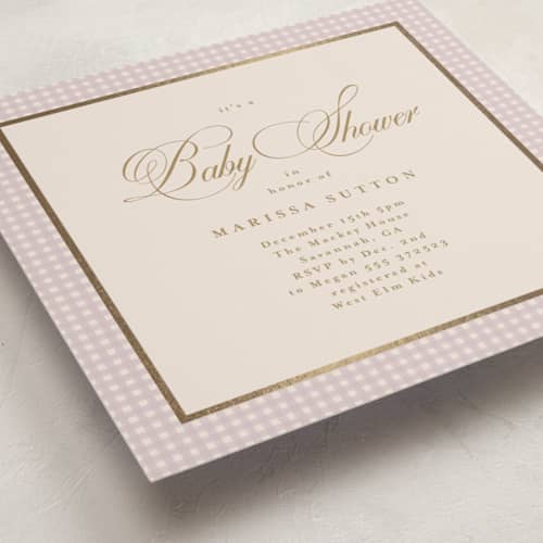 This is a lilac foil stamped baby shower invitations with foil pressed by Tamara Hilje called eleganza printing on signature in standard