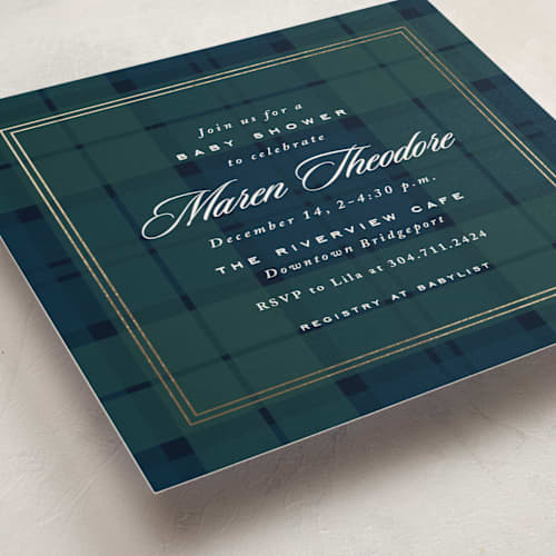 This is a tartan foil stamped baby shower invitations with foil pressed by Lea Delaveris called prep printing on signature in standard