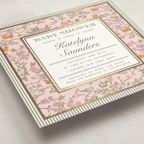This is a petal foil stamped baby shower invitations with foil pressed by Jenna Holcomb called bird and bough printing on signature in standard