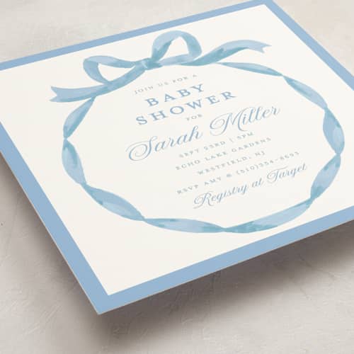 This is a sky baby shower invitations with standard by Teju Reval called painted bow printing on signature in standard
