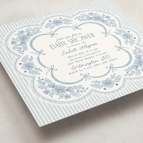 This is a cornflower baby shower invitations with standard by Laura Hankins called handkerchief printing on signature in standard