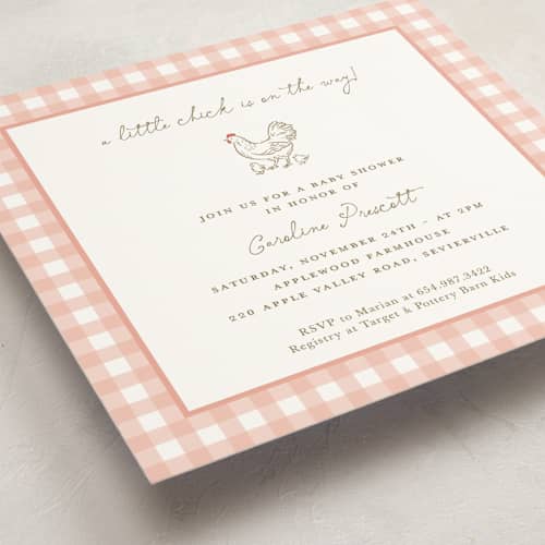 This is a blush baby shower invitations with standard by Lucrecia Caporale called little chicks on the way printing on signature in standard