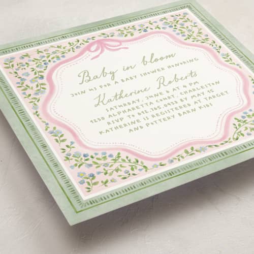 This is a garden glory baby shower invitations with standard by Creo Study called baby in bloom printing on signature in standard