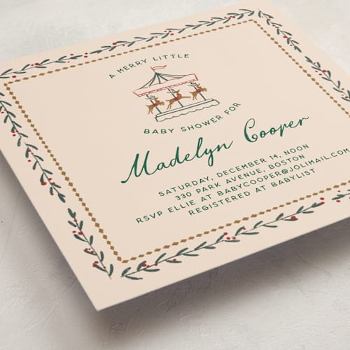 This is a almond milk baby shower invitations with standard by Leia Matt called winter deer carousel printing on signature in standard