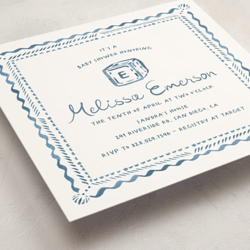 This is a baby blue baby shower invitations with standard by Claudia Orengo called letter box printing on signature in standard