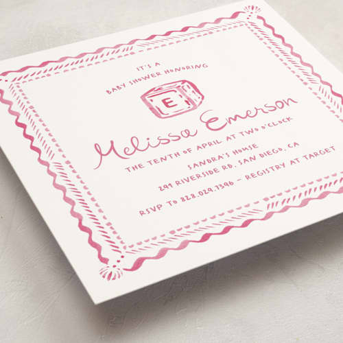 This is a blush baby shower invitations with standard by Claudia Orengo called letter box printing on signature in standard