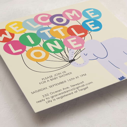 This is a cream baby shower invitations with standard by Harriet Richter called elephant parade printing on signature in standard